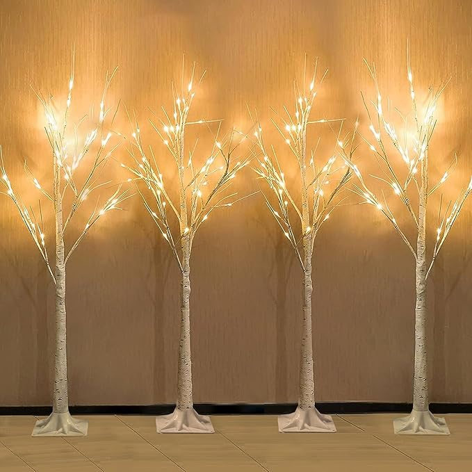 4-Pack 4FT Lighted Birch Tree (Higher Size & Floor Standing), Birch Christmas Tree for Indoor & Outdoor, Warm White 96 LED Birch Tree Lights for Outdoor Christmas Decorations Indoor Home Thanksgiving