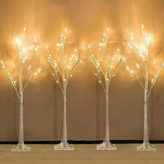 4-Pack 4FT Lighted Birch Tree (Higher Size & Floor Standing), Birch Christmas Tree for Indoor & Outdoor, Warm White 96 LED Birch Tree Lights for Outdoor Christmas Decorations Indoor Home Thanksgiving