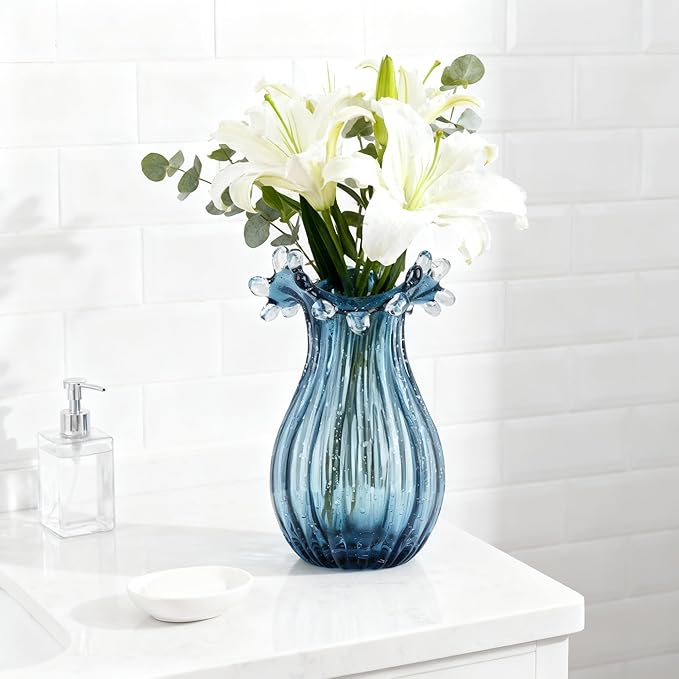 Hand-Blown Glass vase, Unique Blue Glass vase, Modern Art Decor, Suitable for Living Room Coffee Tables, Wedding centerpieces, Dining Tables, and Office Centerpiece Floral Arrangements