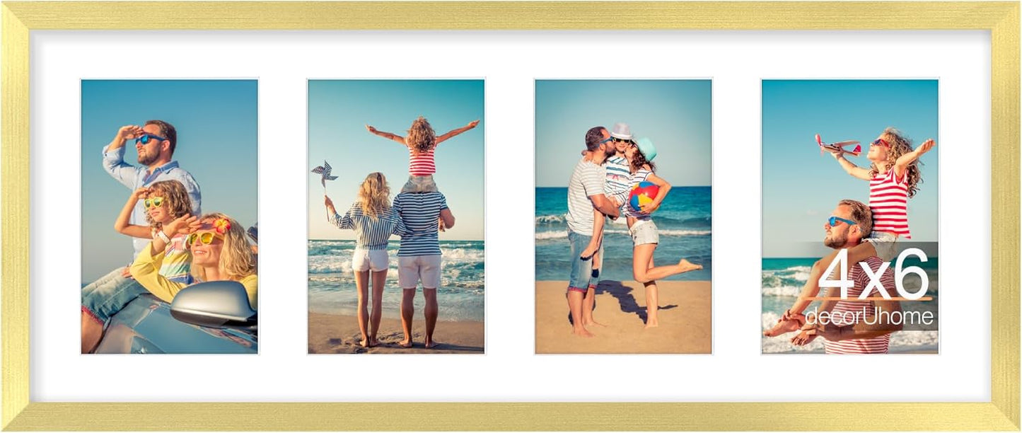decorUhome 8x20 Picture Frames Collage Wall Decor, Display 4Pcs 4x6 Photos with Mat or 1Pcs 8x20 Unmatted, 4 4x6 Collage Picture Frames for Wall Mounting, Gold
