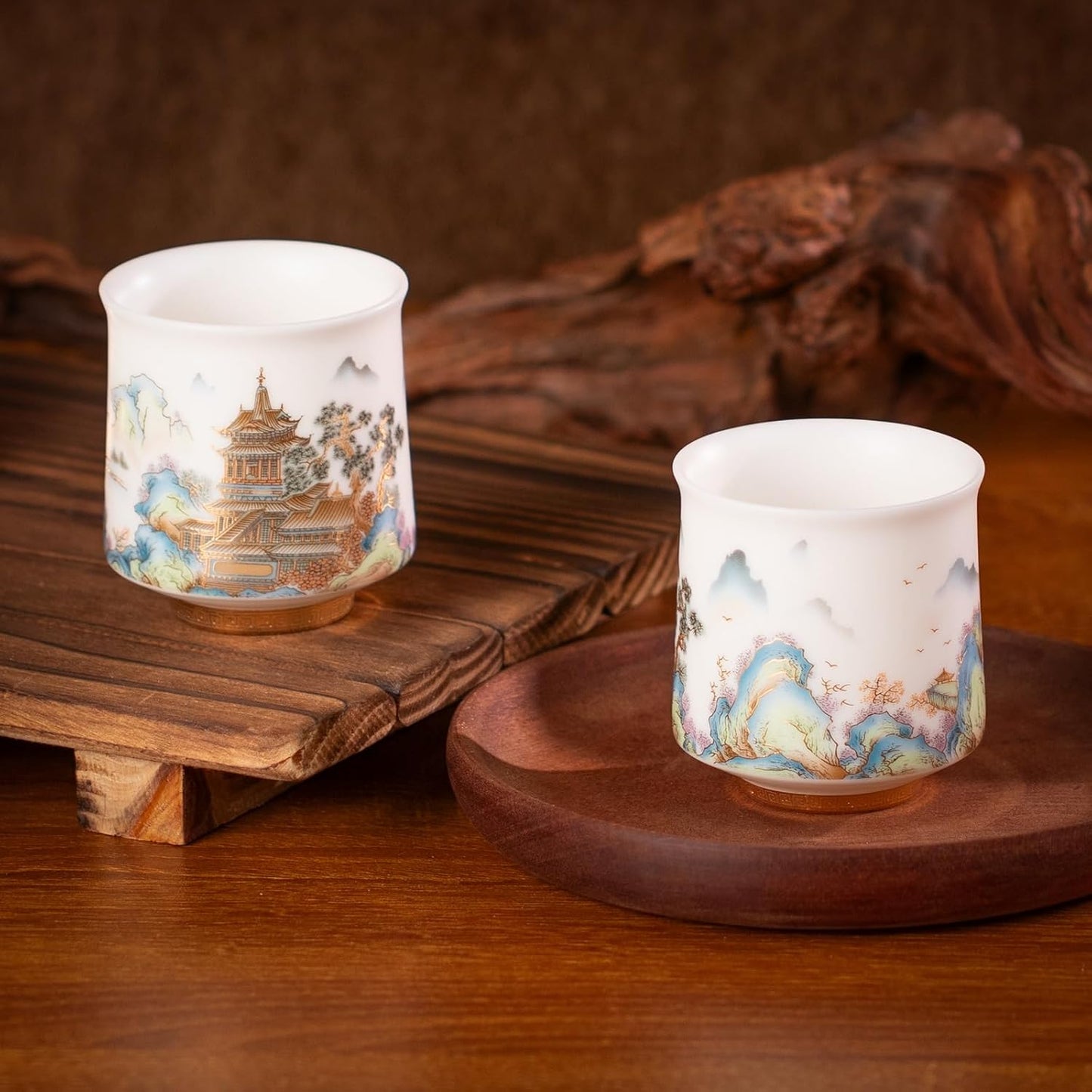 KAMMAK Ceramic Tea Cups Small, Cute Vintage Coffee Cup Set of 2, Porcelain Teacups Espresso Mug, 3.2oz Hand Painted Chinese Afternoon Tea Party Mugs, Birthday Gift for Women Men, Spring Wealth