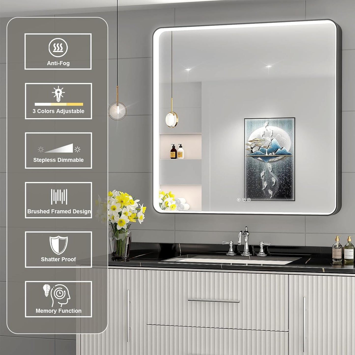 LED Mirror for Bathroom 36X36 Inch Black Framed with Anti-Fog, Stepless Dimmable, Front Lit, LED Bathroom Vanity Mirror for Wall, Memory Function, Shatter-Proof