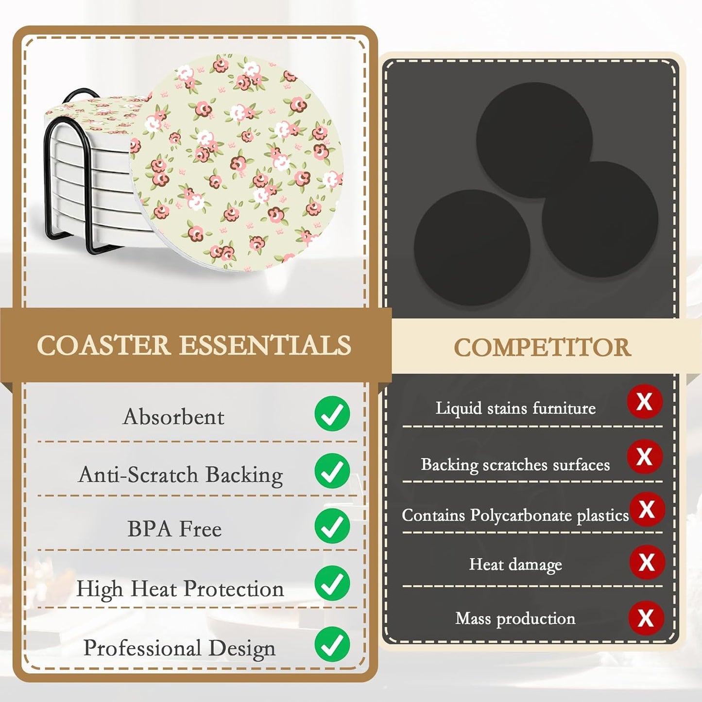 Drink Coasters,6 Pcs Shabby Chic Flower Coffee Cup Mat with Storage Holder, Durable Ceramic Coaster Set for Hot & Cold Beverages