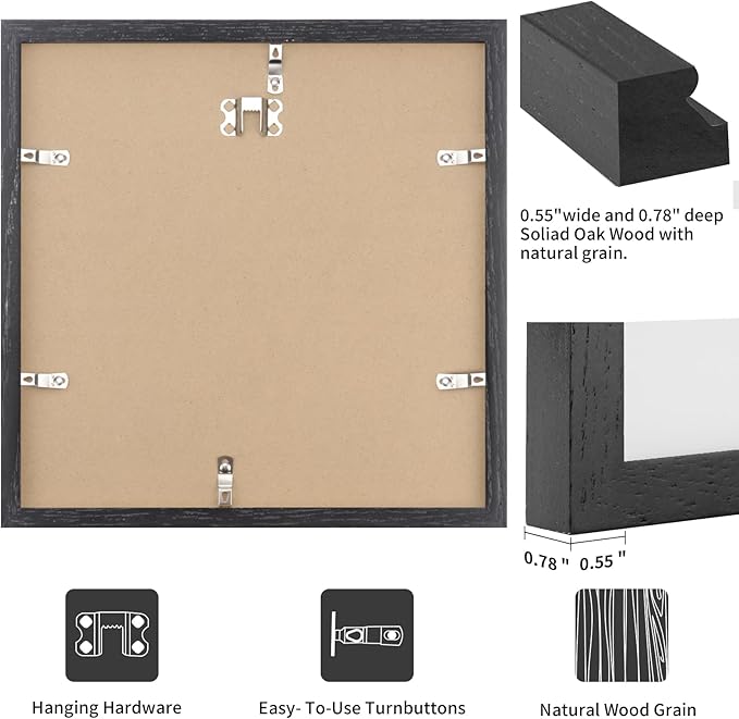 16x16 Black Picture Frames for Wall - Minimalist 16x16 Oak Wood Frames, 16"x16" Picture Frame Wood, Natural Solid Wooden Picture Frames for Wall Art Photo and Prints (1 Pack, Black)