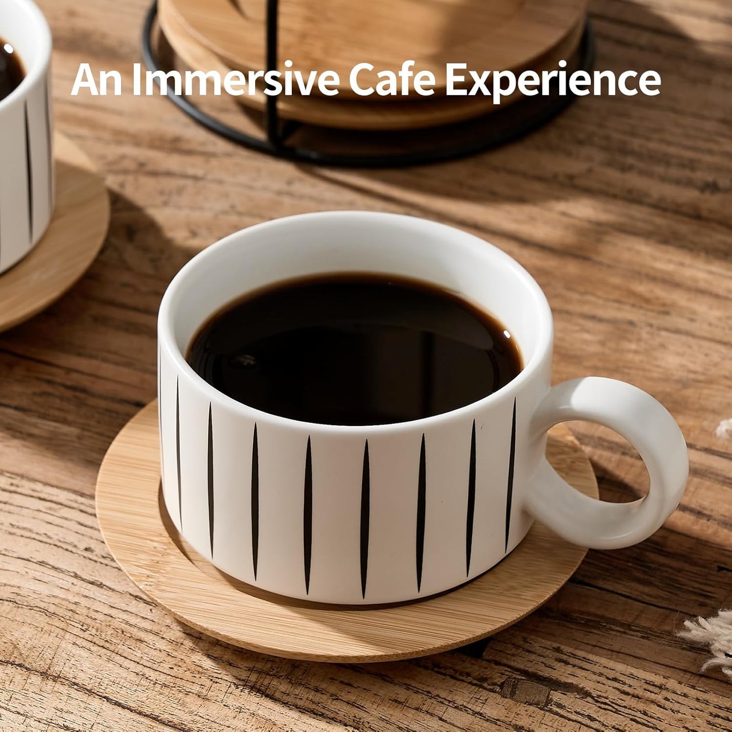 LUKA 6 Ounce Porcelain Stackable Espresso Cups with Saucers and Metal Stand Set of 4, Ceramic Cappuccino Cups Set for Specialty Coffee Drinks, Latte, Cafe Mocha and Tea, Stripes, White