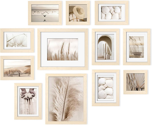 Egofine Picture Frame Set 12 Pack, Picture Frames Collage Wall Decor with Two 8x10, Four 5x7, Four 4x6, Two 4x4 for Wall and Tabletop, Made of Solid Wood, Covered by Plexiglass, Natural Wood