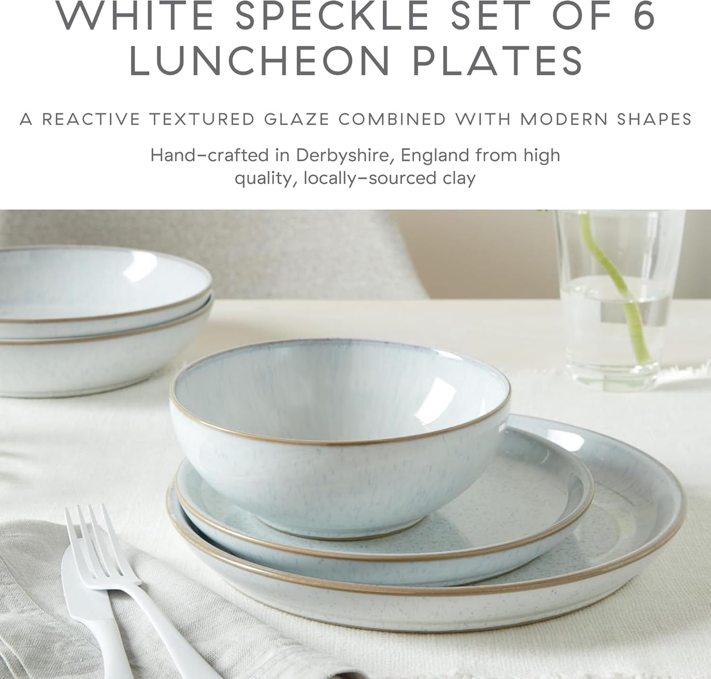 Denby - White Speckle Medium Plates Set of 6 - White Reactive Glaze Neutral Patterned - Dishwasher, Microwave Safe Crockery 8.25" - Ceramic Stoneware Tableware - Chip & Crack Resistant