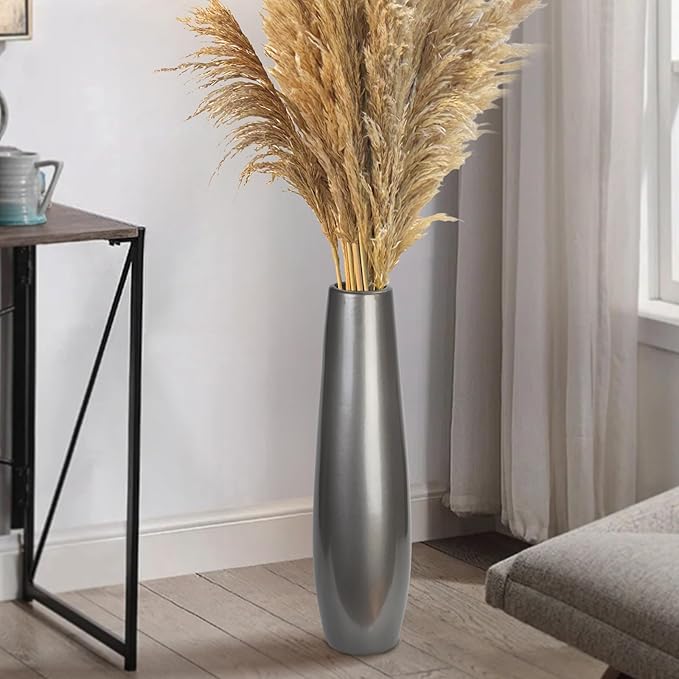 Silvery Ceramic Tall Floor Vase,17.7 Inch Large Modern Flower Vases for Home Décor,Wicker Big Floor Vase Decorations for Farmhouse, Living Room,Bedroom,Standing Plastic Vase Decorative Tall