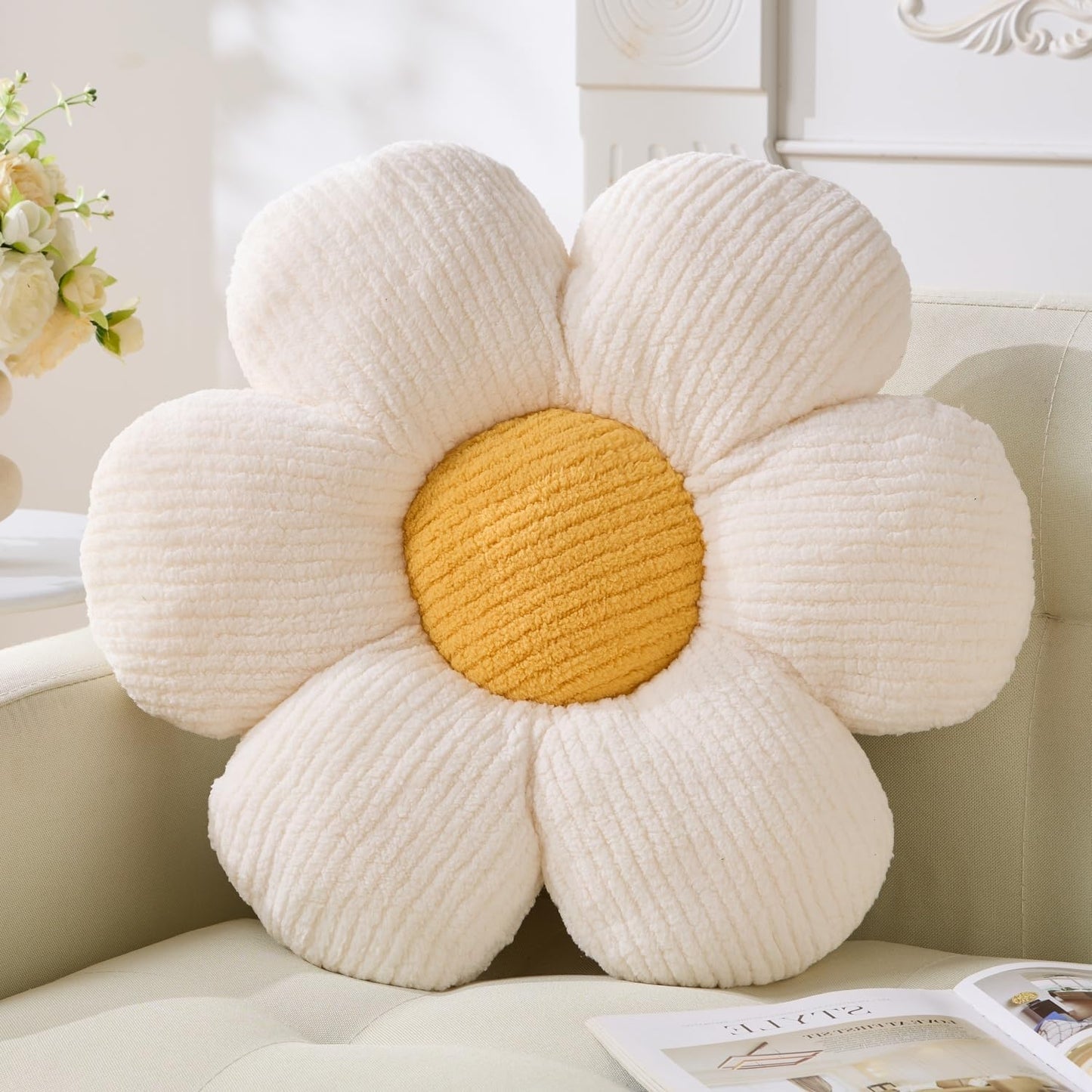 Daisy Pillow, Off White Flower Shaped Throw Pillow, 15.75" Plush Floor Pillow, Home Decorative Seating Cushion