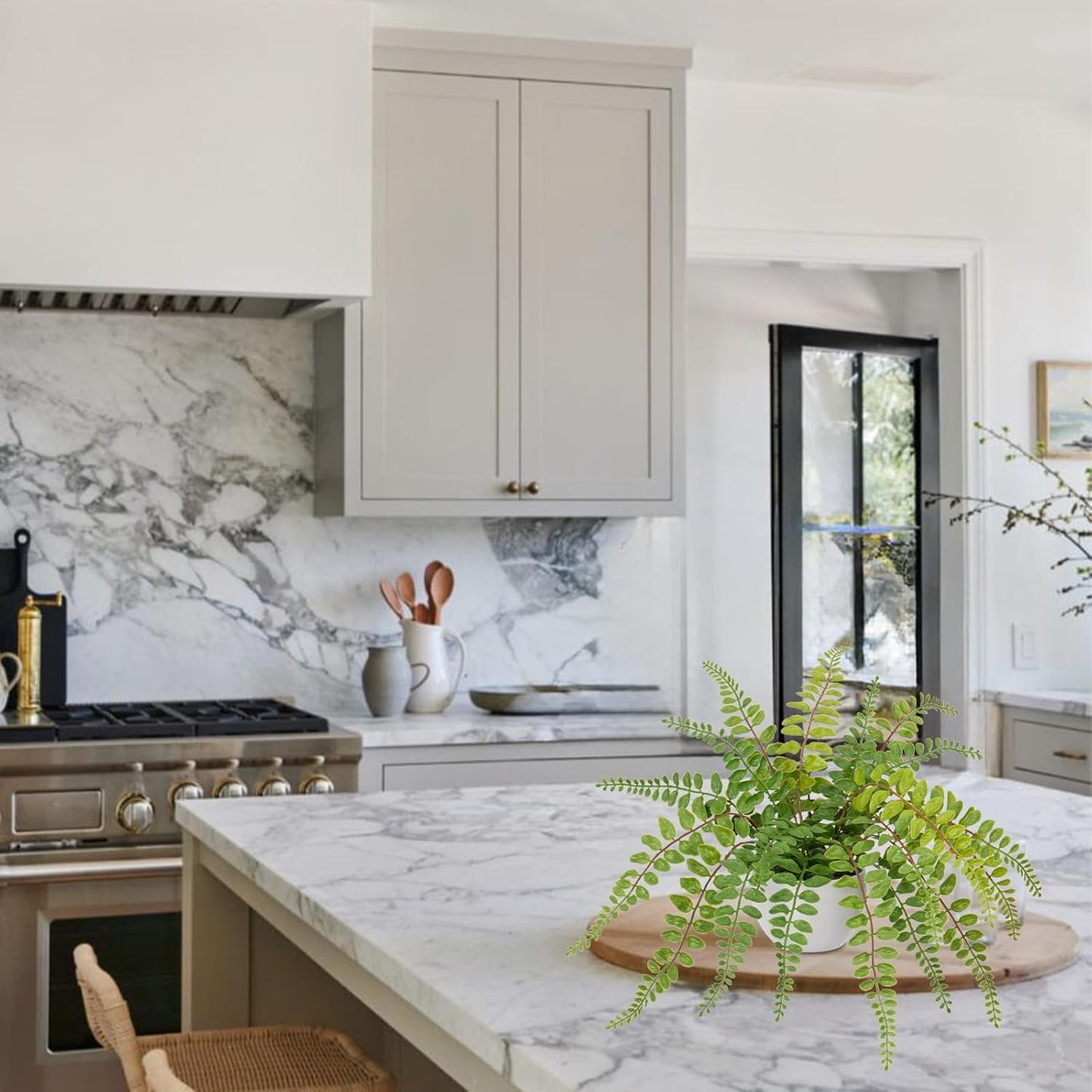 Hollyone Artificial Fern Potted Plant for Outdoors Indoors - Lifelike Faux Boston Fern in White Pot for Garden, Patio, Home, Farmhouse, Windowsill, Office, Living Room, Desk Decoration