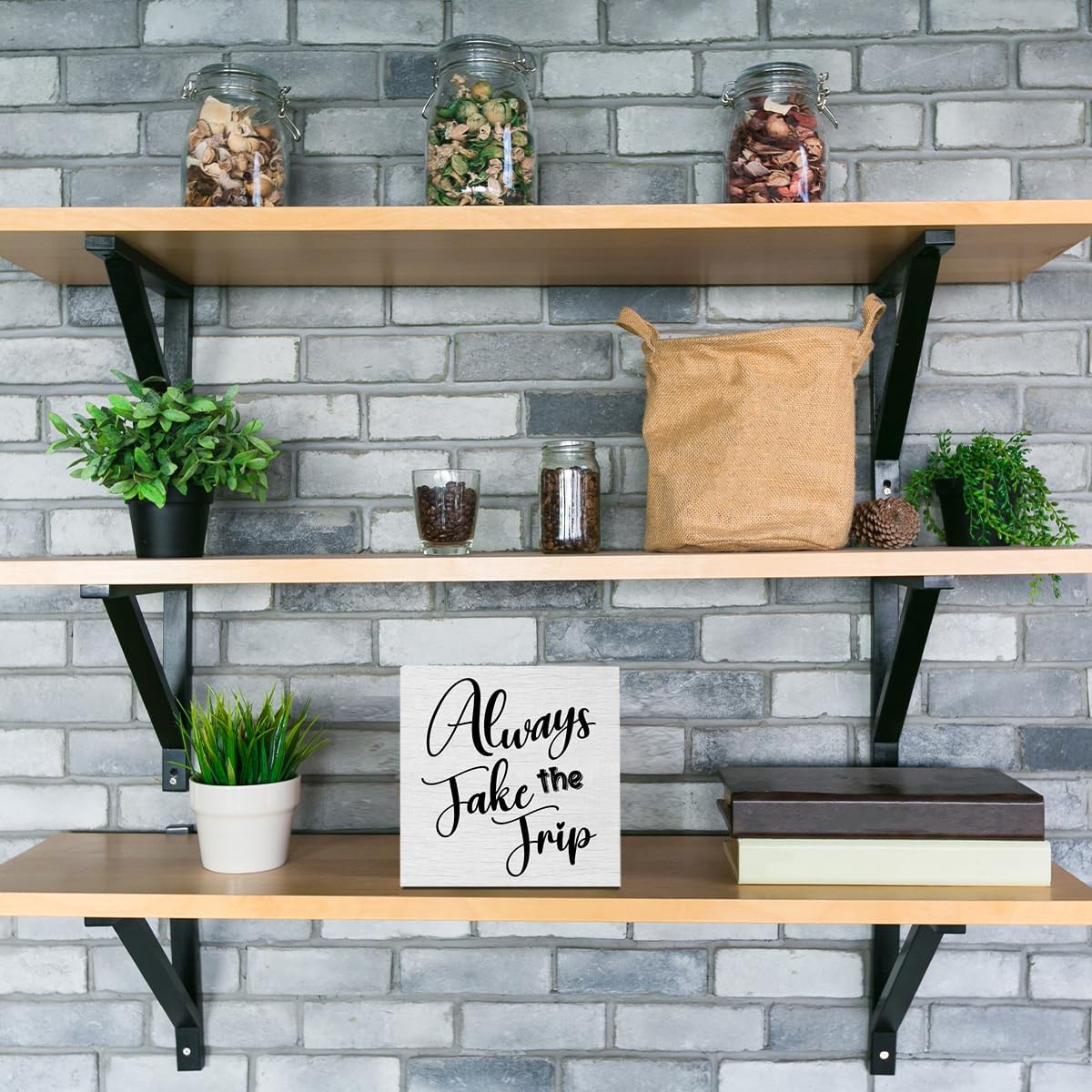 Funny Trip Travel Essentials Rustic Wooden Box Sign, Desk Decor Inspirational Adventurer Gift Office Desk Accessories for Table Shelf Home Classroom Cubicle Decorations Wood Block Box Traveler Sign