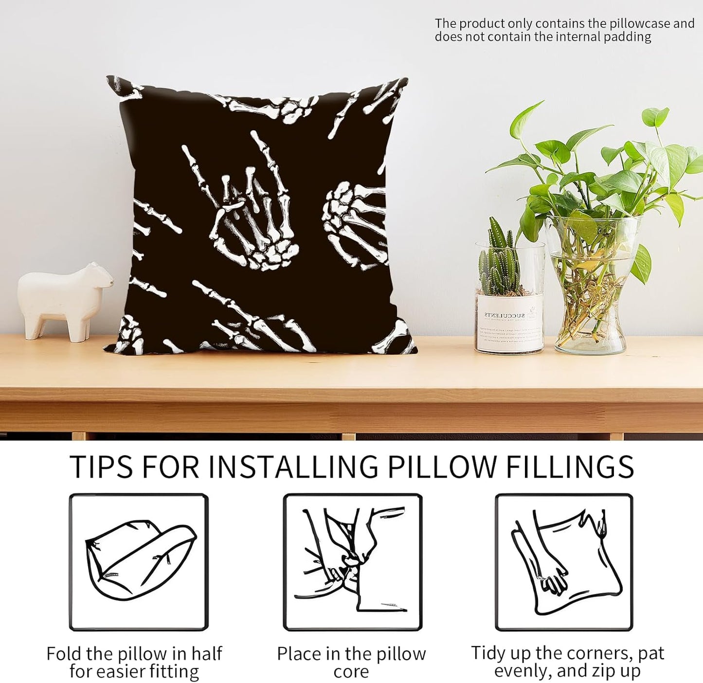 Decorative Throw Pillow Covers 18x18 Inch, Cute Home Decor for Living Room Outdoor Funny Pillowcase Polyester Cushion Case Black Skeleton Hands