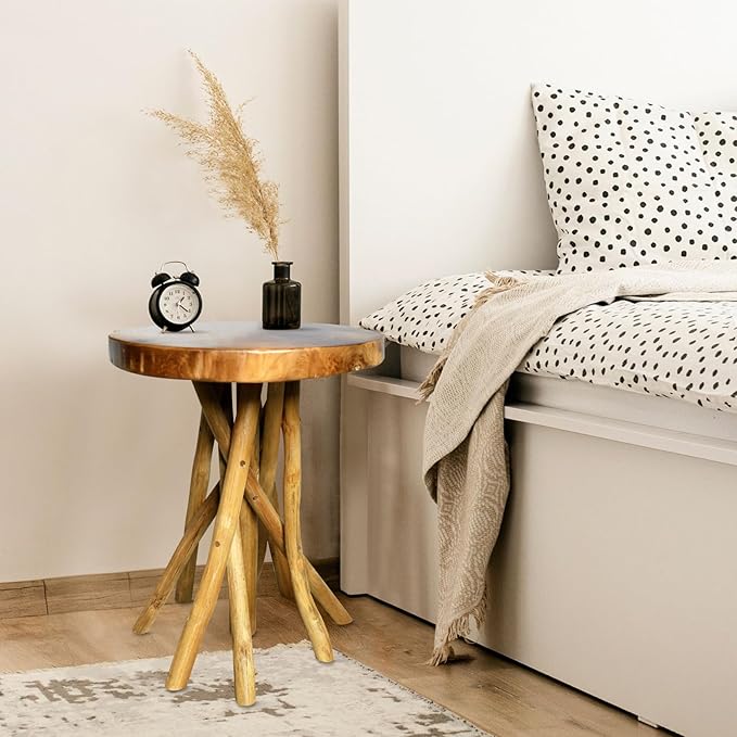 WELLAND Teak Wood Stick Leg End Table, 16" L x 16" W x 20" H Rustic Side Table, Small Accent Table, Plant Stand for Living Room, Bedroom, Home Office