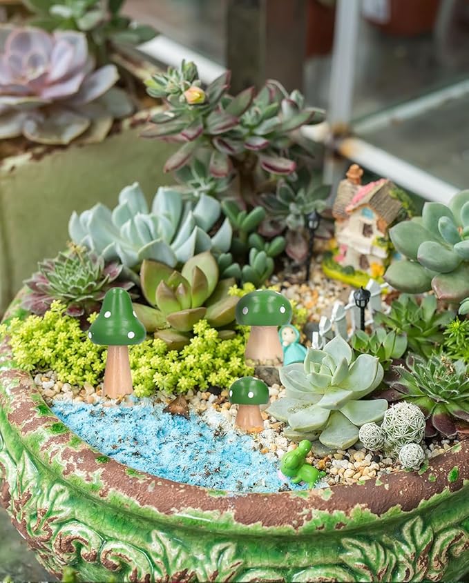 3Pcs Mushroom Decor Wooden Mini Figures Fairy Garden Accessories 2.9in 1.8in 1.2in Cute Miniature Mushrooms Home Decor for Bedroom Office Bonsai Fairy Garden Green