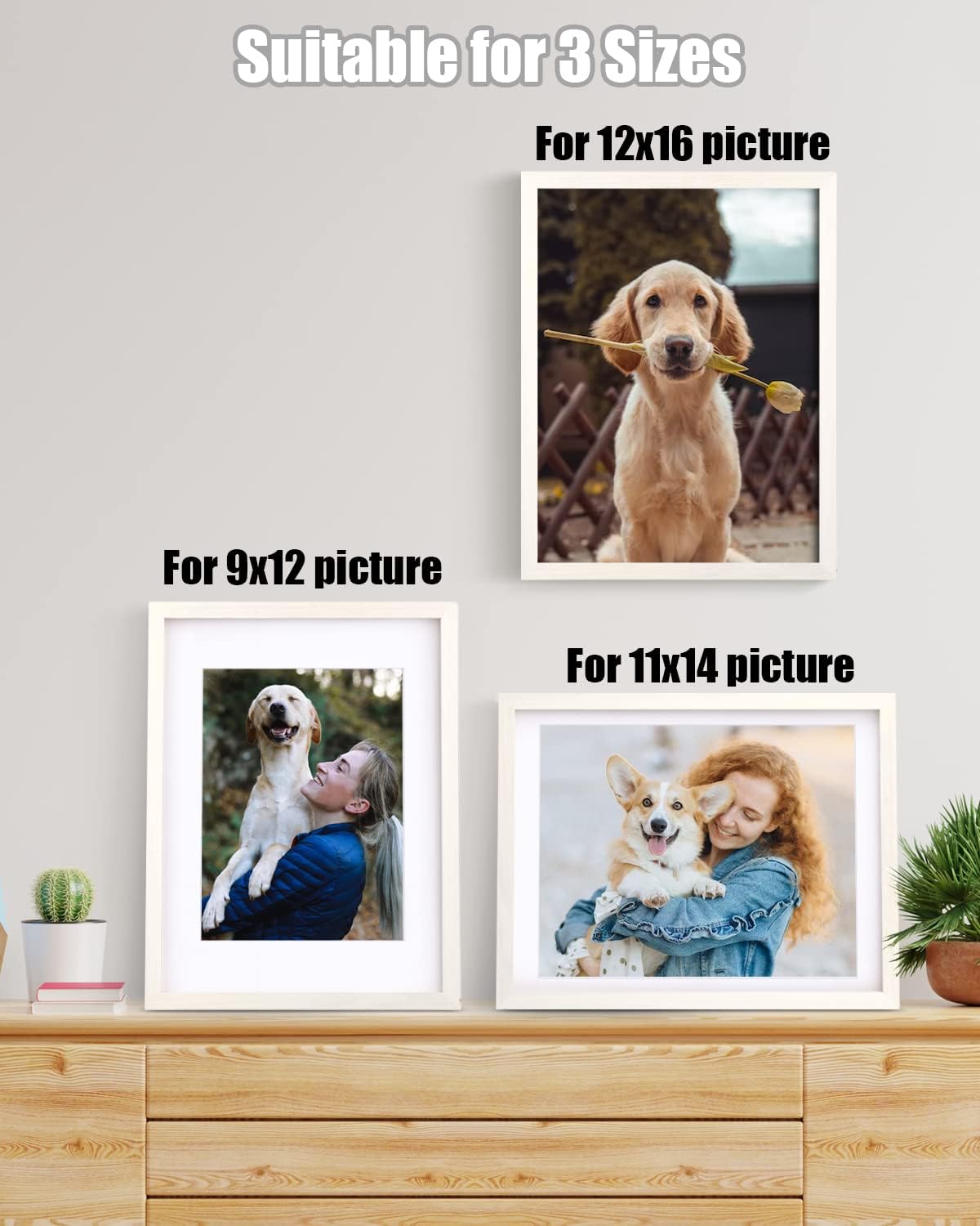 Egofine 12x16 Picture Frames Set of 4, Made of Solid Wood Covered by Plexiglass 9x12 and 11x14 with Mat or 12x16 without Mat, for Wall Mounting Photo Frame Beige