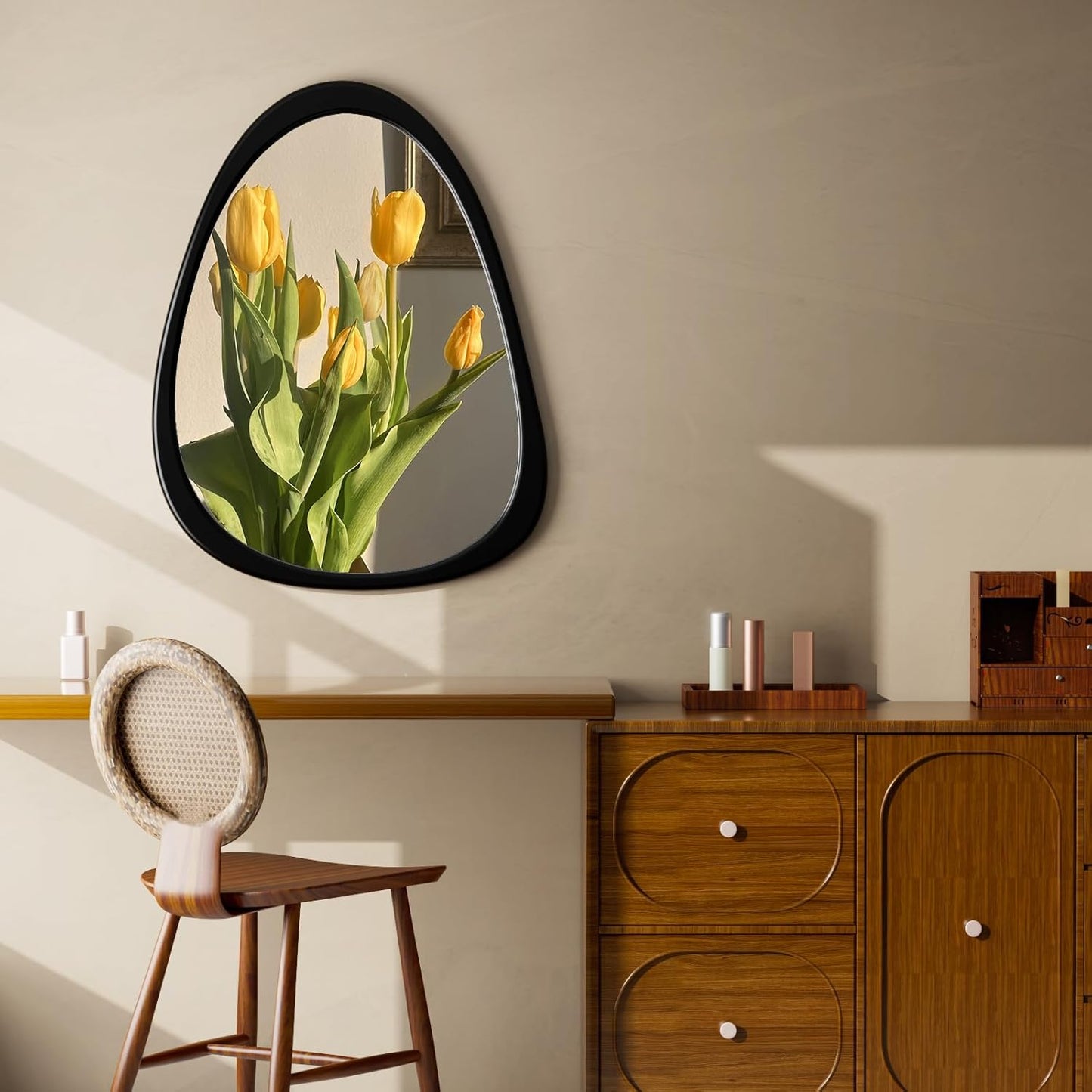 COOL2DAY Irregular Mirror,Asymmetrical Wood Wall Frame Abstract Assymetrical Decorative Mirror,Black Odd Shaped Mid Century Mirrors for Living Room Bedroom Entryway Bathroom Home Decor