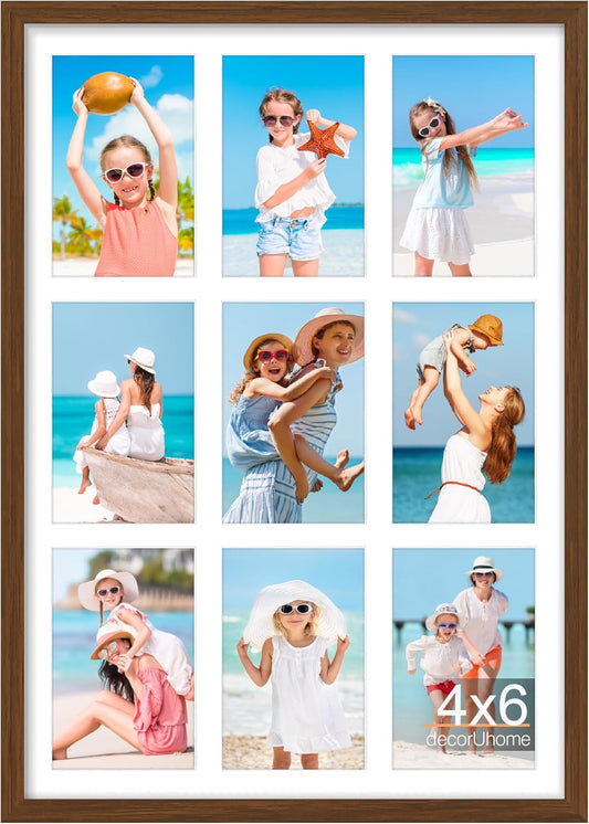 decorUhome 14x20 Picture Frames Collage Wall Decor, Display 9Pcs 4x6 Photos with Mat or 1Pcs 14x20 Unmatted, 9 4x6 Collage Picture Frames for Wall Mounting, Brown