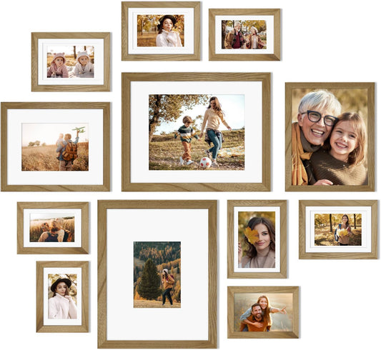 Egofine Picture Frame Set 12 Pack, Picture Frames Collage Wall Decor with Two 11x14, Two 8x10, Four 5x7, Four 4x6 for Wall and Tabletop, Made of Solid Wood, Covered by Plexiglass, Carbonized Brown