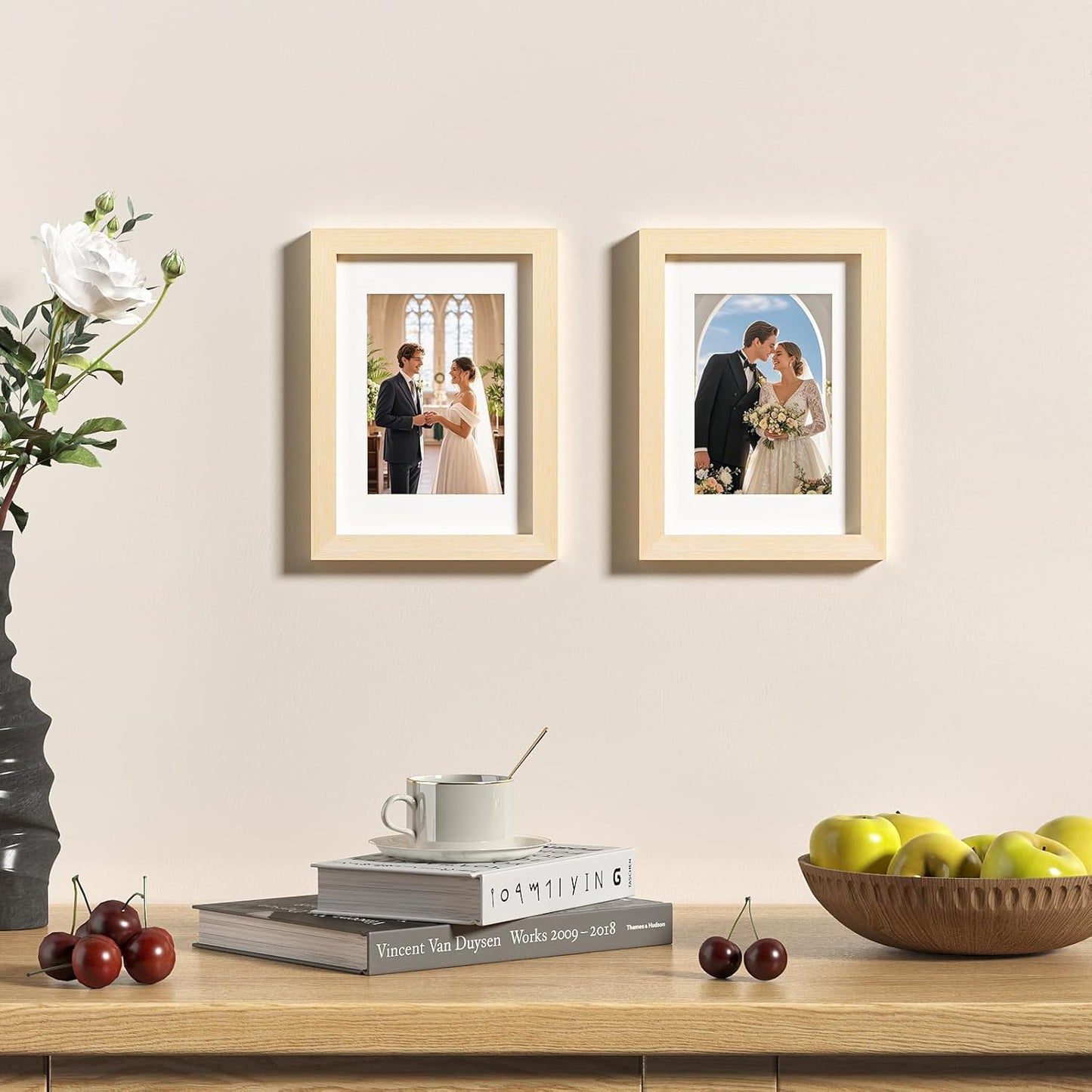 KINLINK A5 Picture Frame, White Oak Solid Wood Frames with Acrylic Plexiglass for Pictures 4x6 with Mat or A5 without Mat, Tabletop and Wall Mounting Display 4 Pack