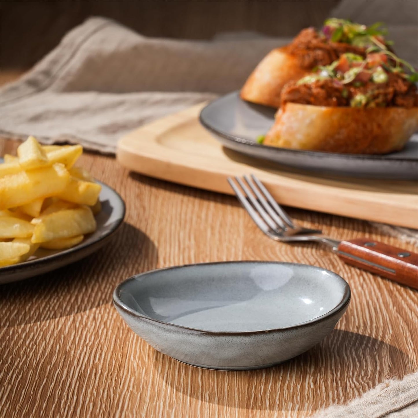 famiware Ocean Soy Sauce Dishes of 6, Oval Dipping Sauce Cups/Bowls/Dishes for Kitchen, 2.1oz Ceramic Small Bowls for Side Dish, Appetizers, Snacks, and Sushi, Reactive Glaze, Dishwasher Safe, Grey