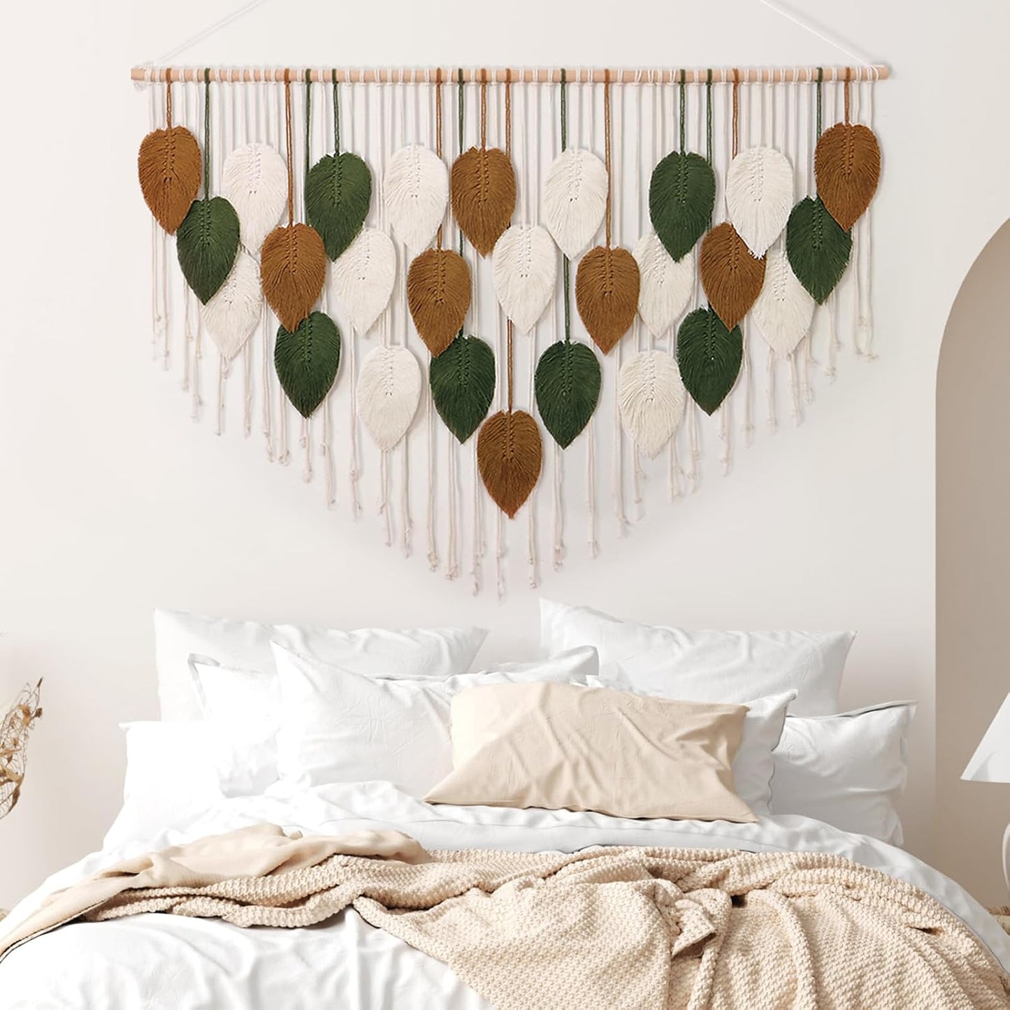 KHOYIME Large Macrame Wall Hanging Boho Woven Tapestry, Chic Home Decor Modern Bohemian Handmade Leaf Feather Wall Art Decorations for Apartment Living Room Bedroom Nursery Backdrop 51.5" W X 33.5" L