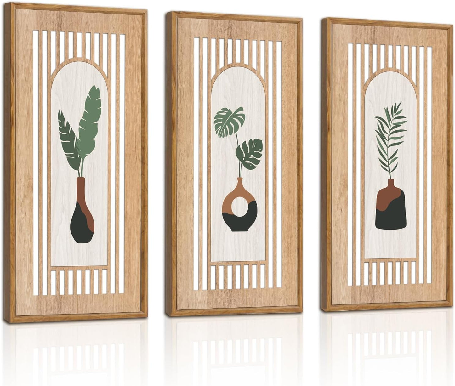 KAIRNE Boho Wooden Wall Art,Abstract Minimalist Wall Art Set of 3(8X16),Modern Aesthetic Botanical Artwork,Green Bohemian Decor,Mid-Century Design for Living Room Bedroom Office Farmhouse Decor,Framed