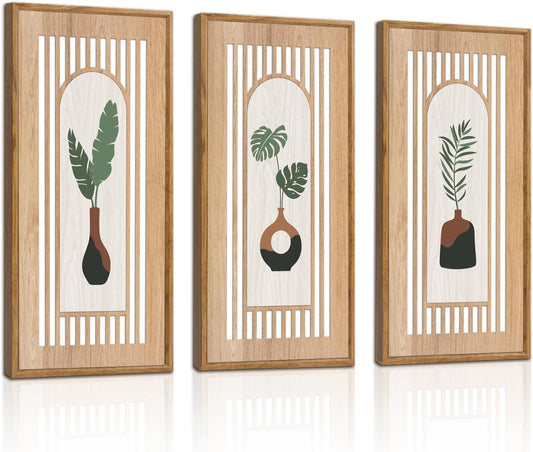KAIRNE Boho Wooden Wall Art,Abstract Minimalist Wall Art Set of 3(8X16),Modern Aesthetic Botanical Artwork,Green Bohemian Decor,Mid-Century Design for Living Room Bedroom Office Farmhouse Decor,Framed