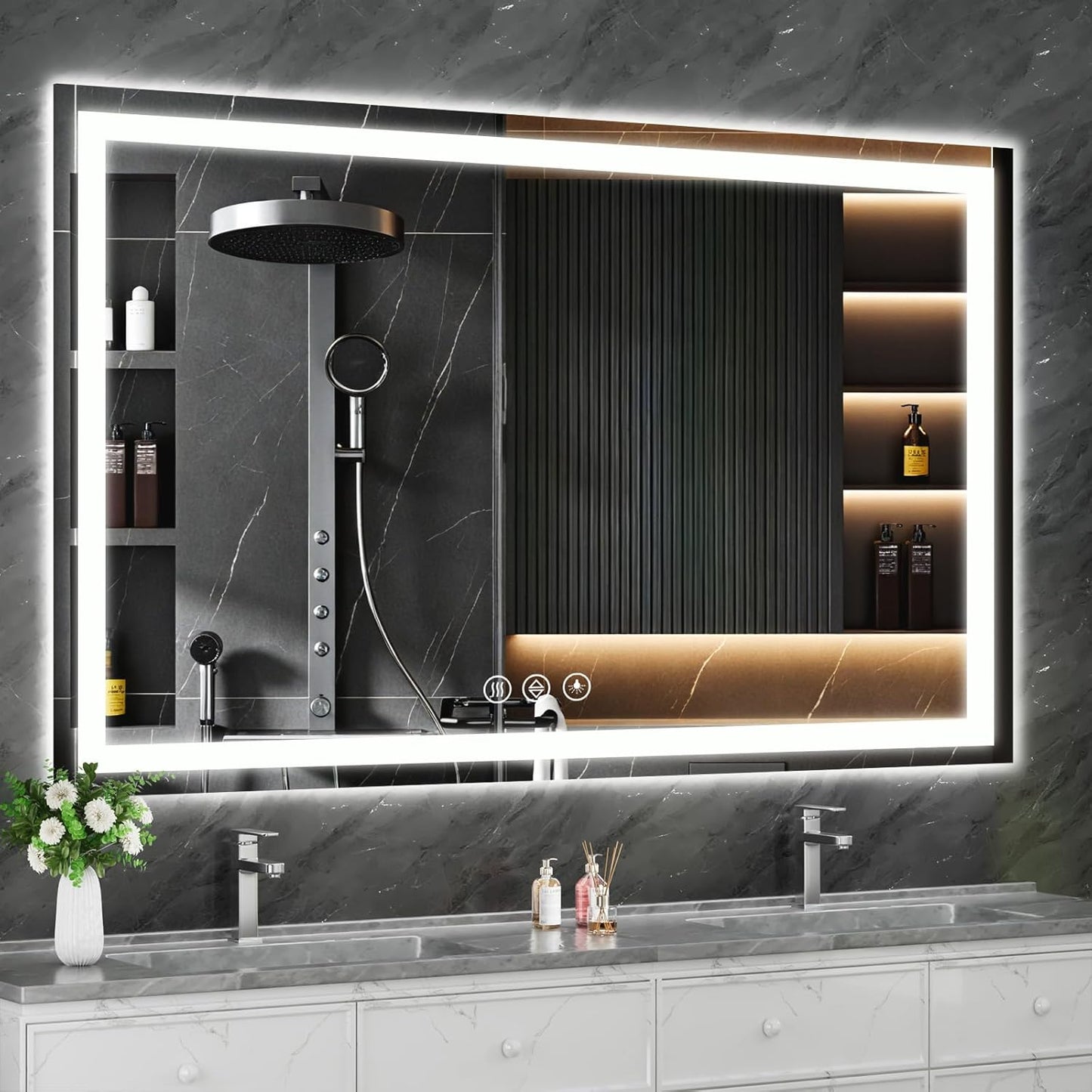 Koonmi 60"x36" LED Mirror for Bathroom, 90CRI Anti-Fog Vanity Mirror with Front and Backlight, Shatter-Proof Wall Mirror with Light, Easy Install Lighted Mirror for Modern Bathroom (IP65)