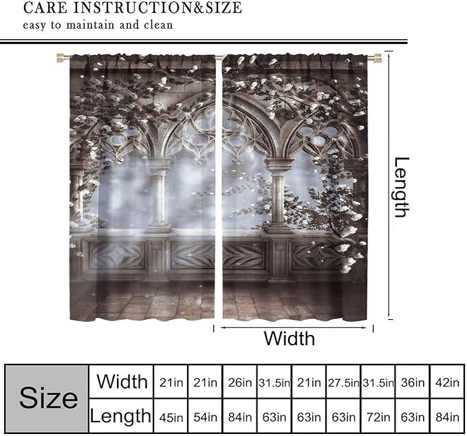Vintage Castle Curtains，Gothic Style Romantic Mid-Century Pattern Drapes Window 2 Panel Rod Pocket Curtain for Bedroom Living Room Decor 20.5" W X 45" L No Blackout