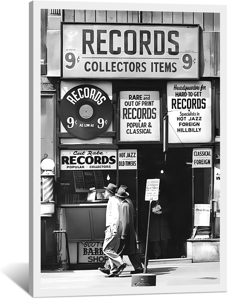 Framed Fashion Black And White Photography Wall Art Vintage Preppy Record Shop Poster Retro Trendy Music Art Aesthetic Canvas Print for Music Lovers Gifts 20x30inch