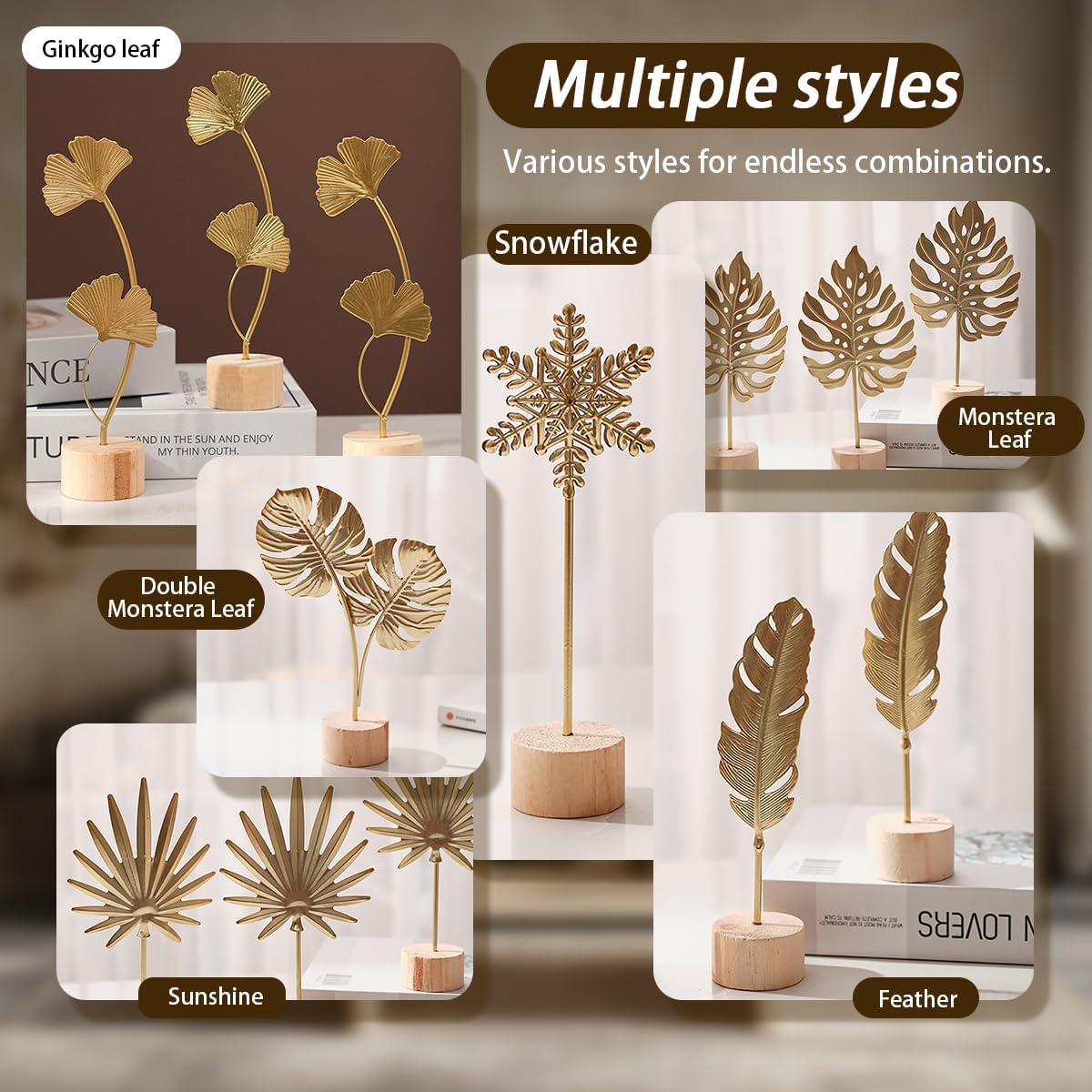 Gold Leaf Home Decor Set - Metal Leaves Statues, Modern Artistic Sculptures for Living Room, Office, Shelf & Home Decorative, Handmade 3D Botanical Accents (Monstera, Feather, Ginkgo, 3PCS)