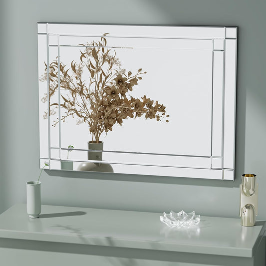 COOL2DAY 48" x 28"Frameless Rectangular Wall Mirror,Polished Beveled Edge Decorative Mirrors Modern Wall Decor Mirrors for Bathroom Vanity, Entryway and Living Room