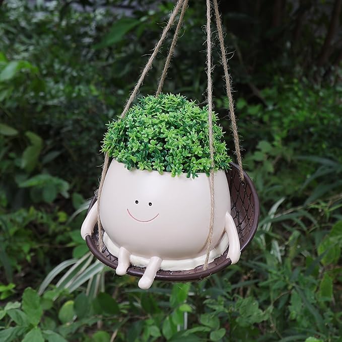 bestbear Hanging Swing Chair Planter Pot Resin Smiley Face Planter for Indoor Outdoor Plant Cute Head Flower Pots for String of Pearls Plant Live Unique IdeaI for Mother Day, Christmas (Large)
