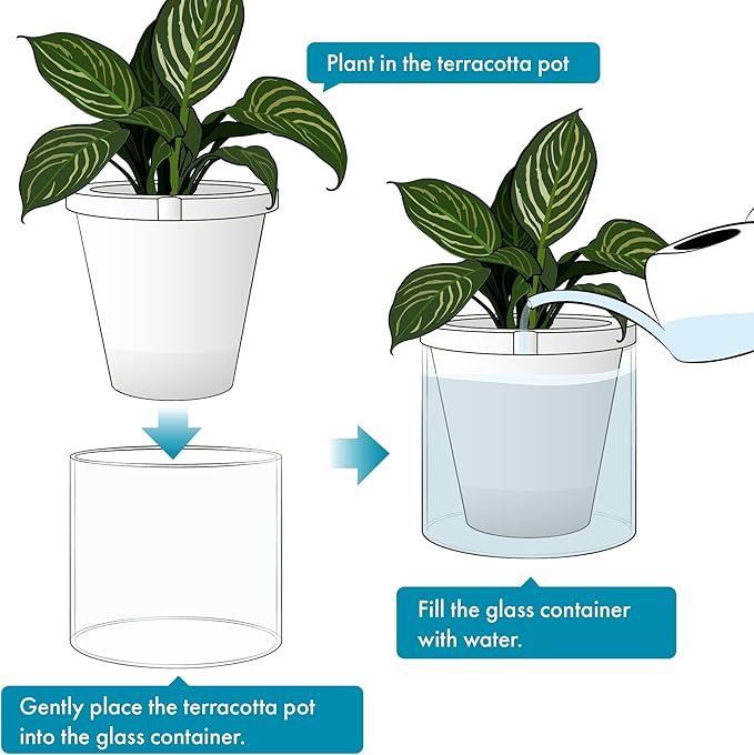 D'vine Dev 10 Inch Design Self Watering Planter for Indoor Plants, White Terracotta Pots with Cylinder Glass Cup, 37-X-D-2
