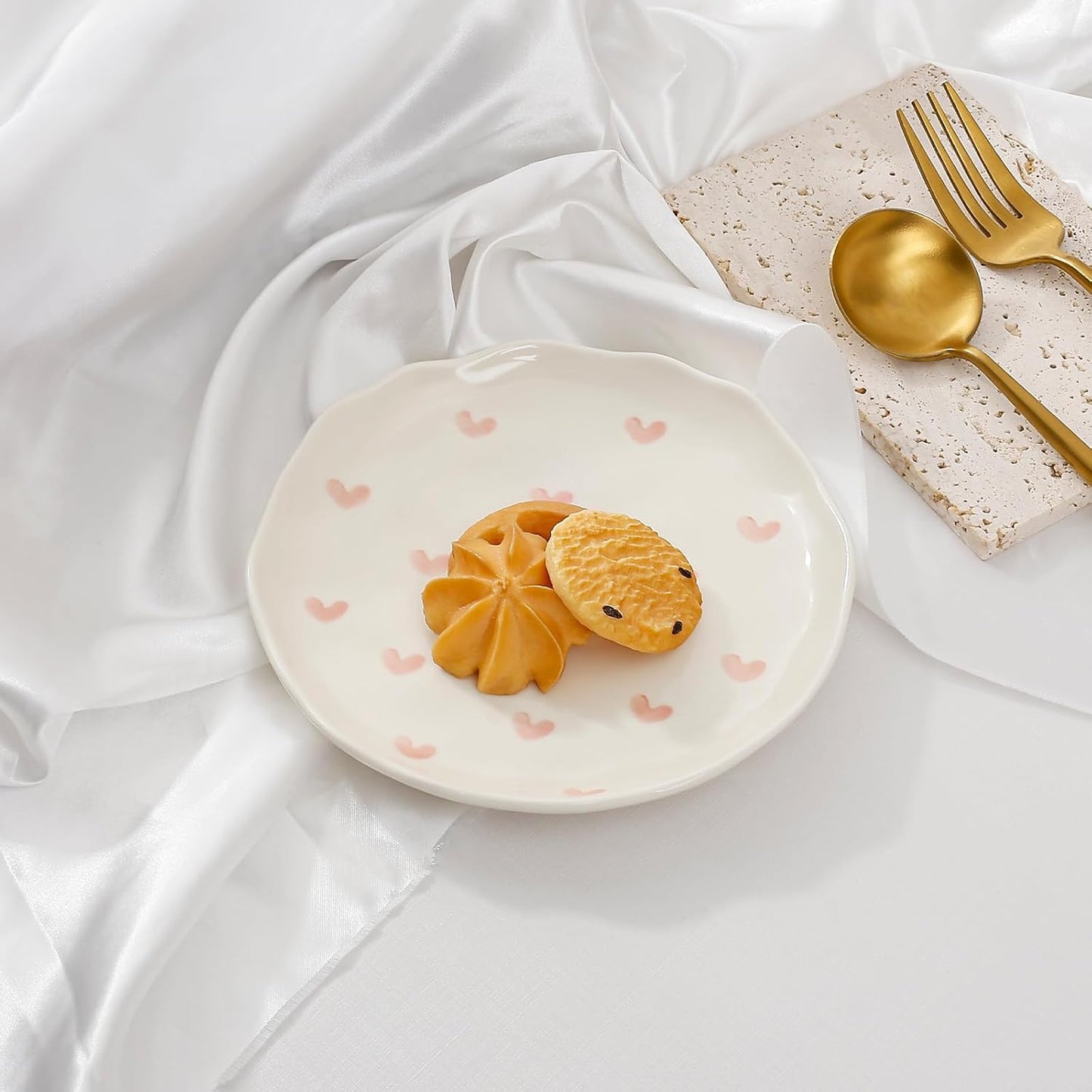 Koythin Ceramic Dessert Plates, Cute Fruits Dinner Plate, Printed Flowers Dinnerware for Office and Home, Kitchen Plates for Desserts (Pink Love)