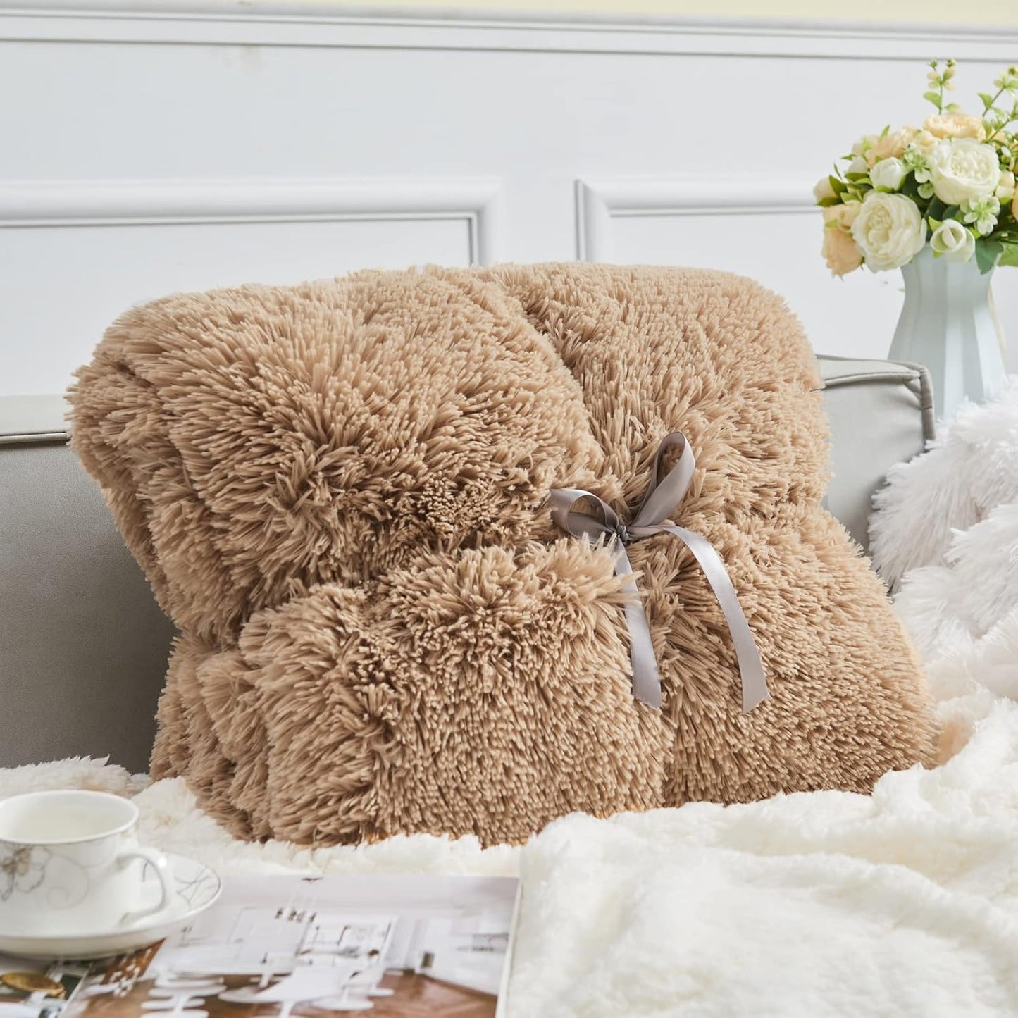 GONAAP Fuzzy Faux Fur Throw Blanket Twin Size Brown Super Soft Cozy Plush Fuzzy Shaggy Blanket for Couch Sofa Bed (Brown, Twin(60"x80"))