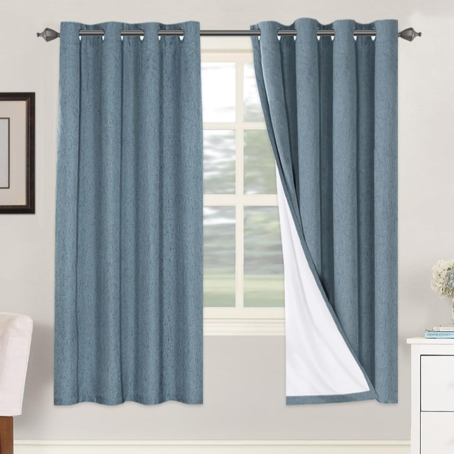 H.VERSAILTEX Linen Blackout Curtains 72 Inches Long 100% Blackout Thermal Insulated Textured Linen Look Curtain Draperies Anti-Rust Grommet, Energy Saving with White Liner, 2 Panels, Stone Blue