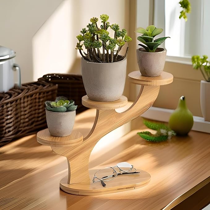 3 Tiered Desk Plant Stand Bamboo Tree Plant Shelf Tabletop Succulent Herb Stand Desktop Plant Stand Indoor Plant Rack for in Living Room Office Decoration (3 Tiered)