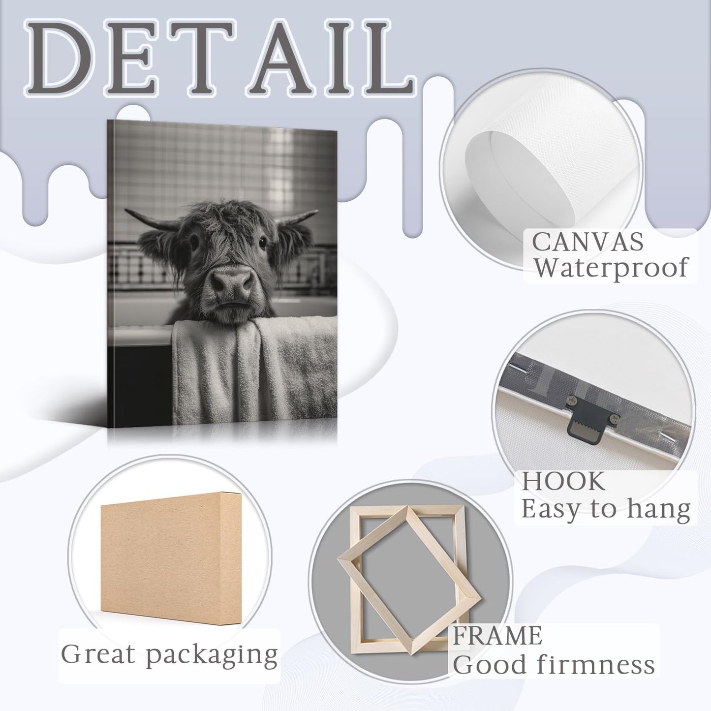 Highland Cow Canvas Wall Art Funny Animal Bathroom Pictures with Wooden Frame, Ready to Hang Lightweight Bathroom Wall Decor for Home, Funny Art and Highland Cow Pictures, Size 12x15.7 Inch