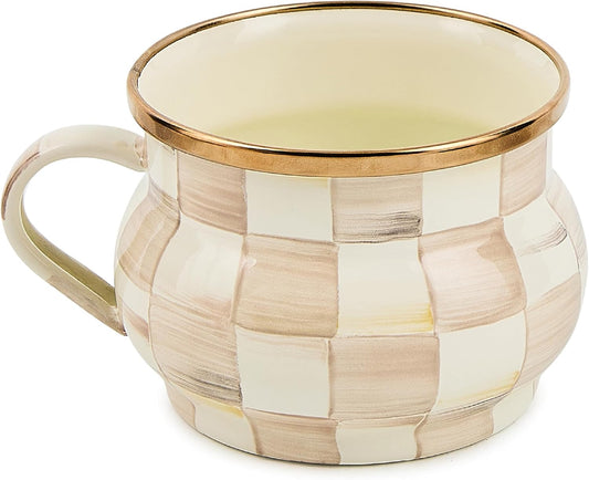 MACKENZIE-CHILDS Enamel Teacup, Unique Coffee and Tea Mug, Enamel Cup for Hot Tea, 10 Ounces, Brown-and-White Mocha Check
