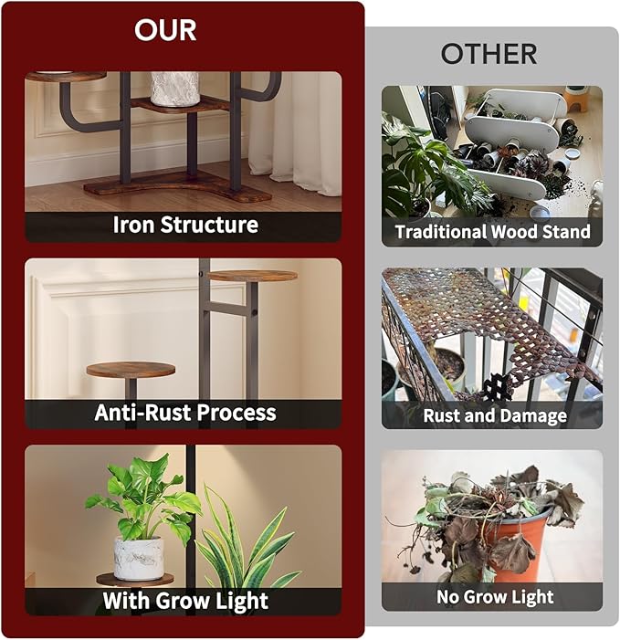 Corner Plant Stand with Grow Light - 6 Tier Plant Stand Indoor Round Metal Plant Shelf with Adjustable Light, Plant Organizer for Living Room, Graden, Home Decor (Brown)