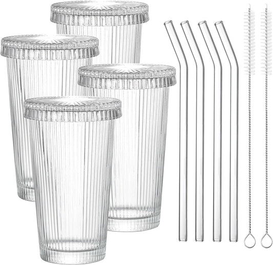 Drinking Glasses Set of 4,Ribbed Cocktail Glasses Set,Origami Style Water Glass Cups with Lids,Straws and 2 Straw Brushes for Iced Coffee, Juice,Smoothie