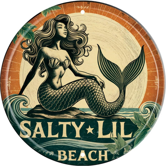 Mermaid Wall Art Decor Metal Sign Beach Vintage Round Plaque Nautical Themed Bar Cafe Home Decor Enthusiasts Gift for Friends and Family 8x8 In