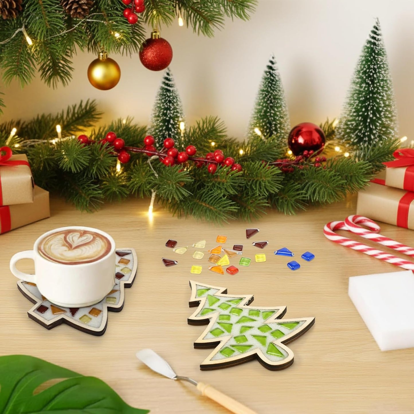 Honeydak 6 Sets DIY Glass Mosaic Tiles with 6 Wooden Coasters Making Mosaic Crafts Material Package Mixed Stained Glass for Handmade Colorful Home Decor Gift Indoor (Christmas Tree,Neutral Color)