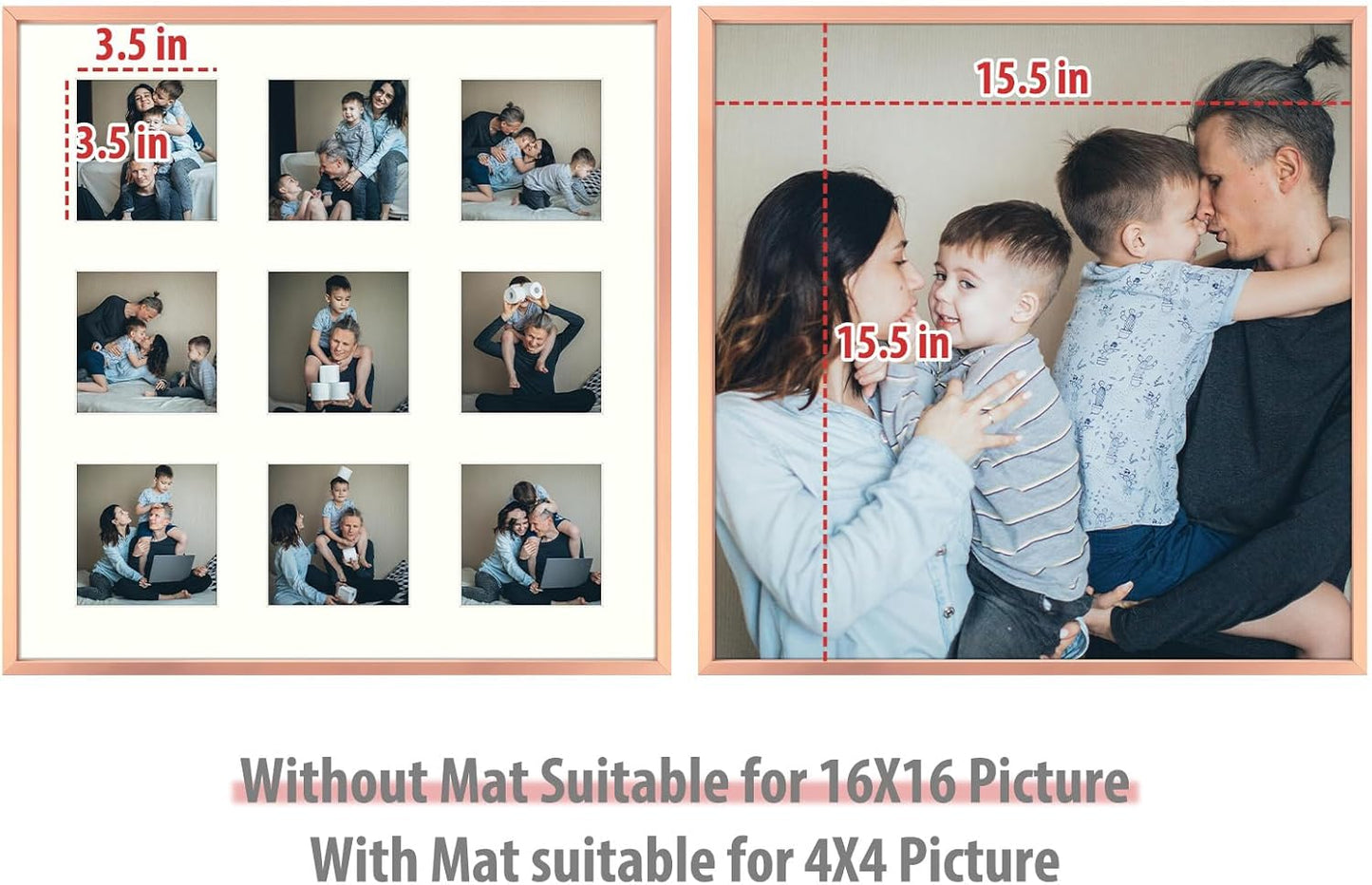 Frametory - 16x16 Aluminum Collage Picture Frame - Display 4x4 Pictures with 9 Openings Mat - Real Glass Front - Horizontal/Vertical Wall Mount - Rose Gold 1 Pack