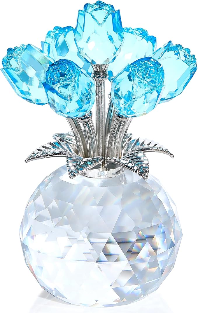Crystal Light Blue Rose Flower Collectible Figurine, Rose Bouquet Floral Wedding Romantic Gifts for Wife, Mom, Women on Mother's Day, Valentine's, Anniversary, Christmas