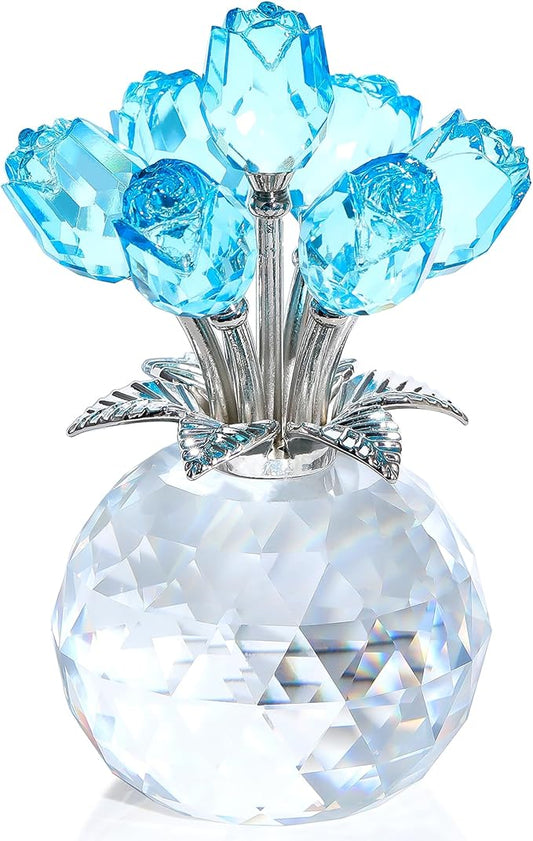 Crystal Light Blue Rose Flower Collectible Figurine, Rose Bouquet Floral Wedding Romantic Gifts for Wife, Mom, Women on Mother's Day, Valentine's, Anniversary, Christmas