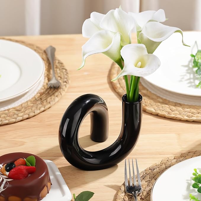 Joeyan Handmade Small Black Glass Flower Vase,Decorative Geometric Glass Bud Vase for Modern Home Centerpieces Living Room Office,4.72" Abstract Vase for Single Flower and Dry Flowers