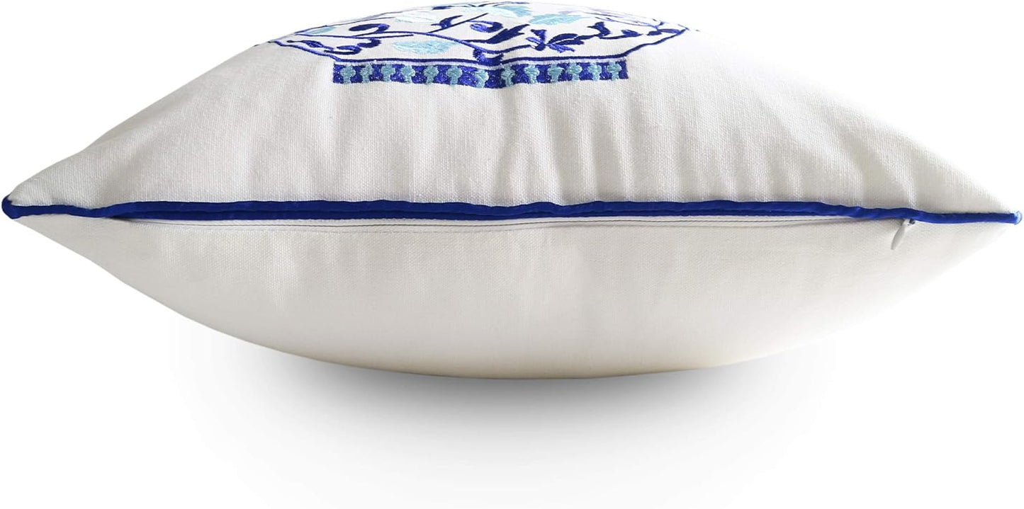 Embroidery Throw Pillow Covers 18x18 Home Décor Floor Pillows Cover for Couch 100% Cotton Cushion Cover 45x45cm Decorative Pillowcase, Chinese Blue and White Porcelain Bottles, 4 Pieces