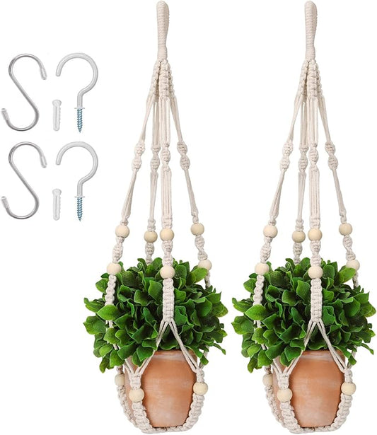 Macrame Plant Hanger 35", Set of 2 No Tassel Hanging Plant Holder, Sturdy Flower Pot Holder with 4 Hooks - Ivory